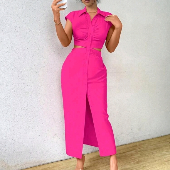 Dresses & Skirts - Summer Casual Solid Color V-Neck Waist-Revealing Button-Front Shirt Dress